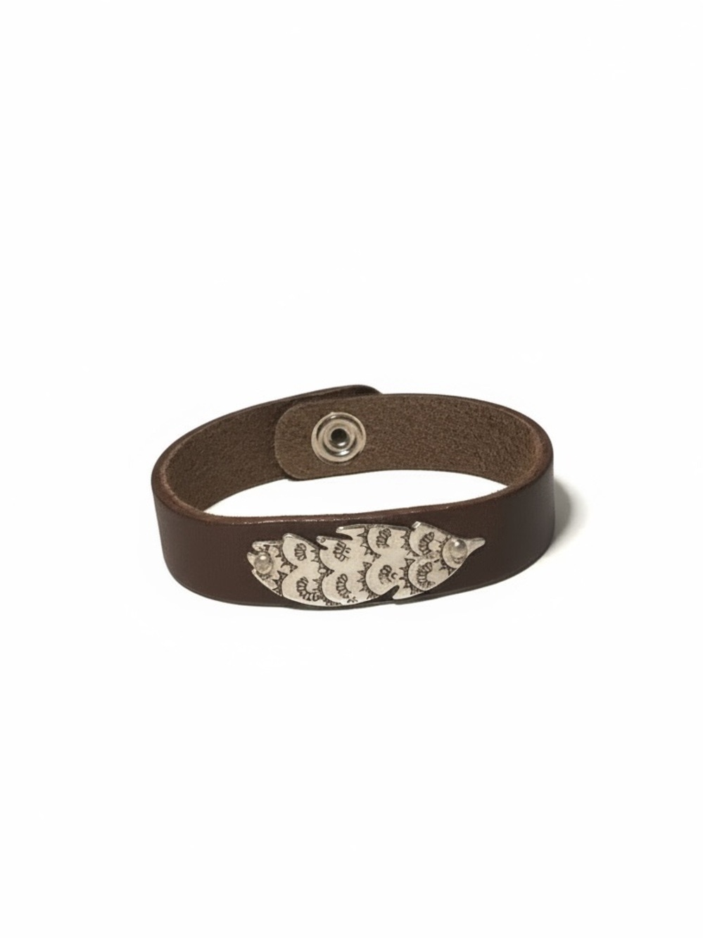 Handmade stamped mandala silver feather charm brown leather cuff bracelet